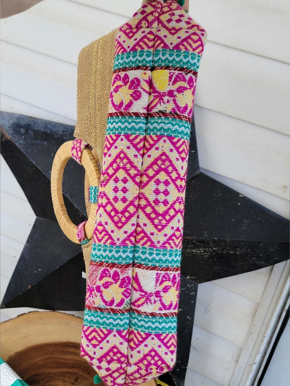 Authentic American & Beyond Straw and Jute Woven Tote with Pink Strawberries